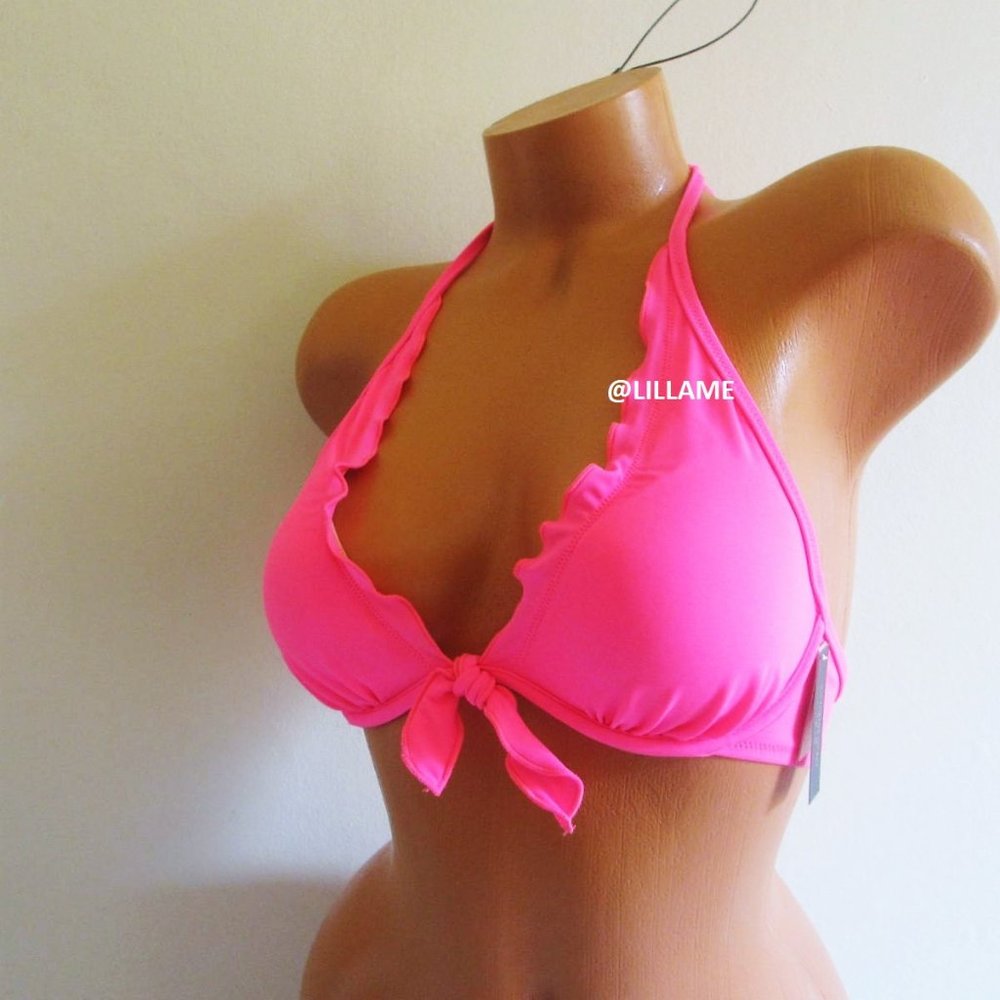 VICTORIA'S SECRET Ruffle Halter Bikini Swim Top 34B Neon Hot Pink NWT
